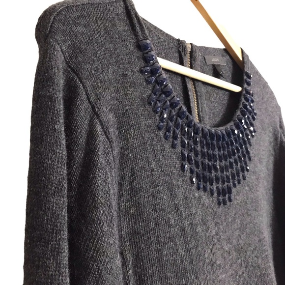 J Crew Large Gray Navy Wool Blend Jeweled-starburst‎ Sparkle Sweater Holiday - Picture 3 of 10